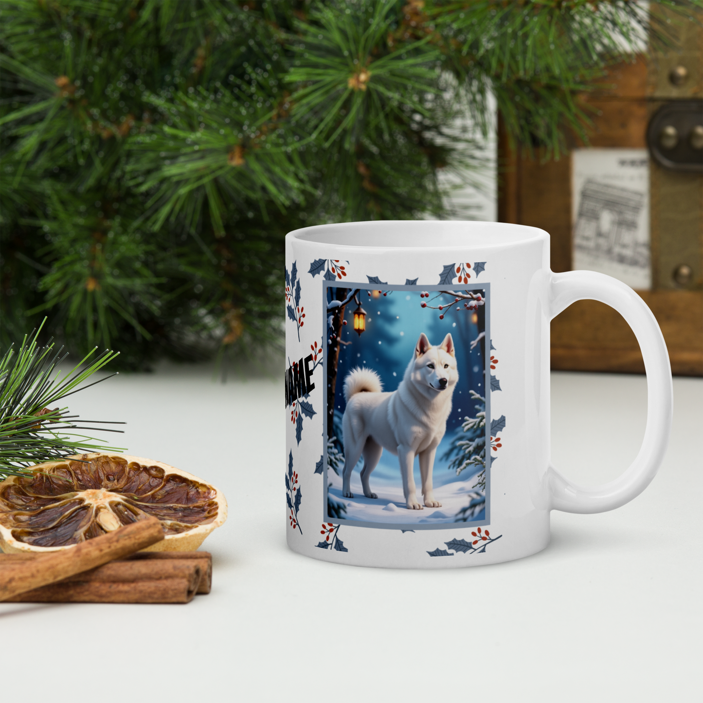 Husky (White) Winter Mug - white husky illustrated standing in a peaceful winter scene with snowy landscape