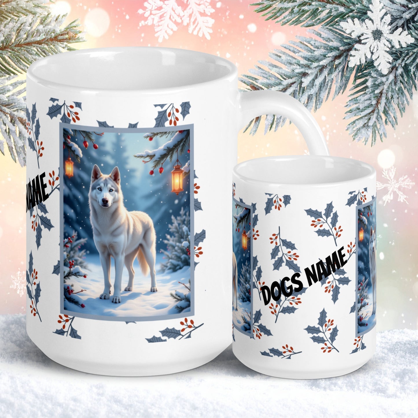 Husky (Silver) Winter Mug - silver husky artwork standing in a bright winter setting with soft snow details