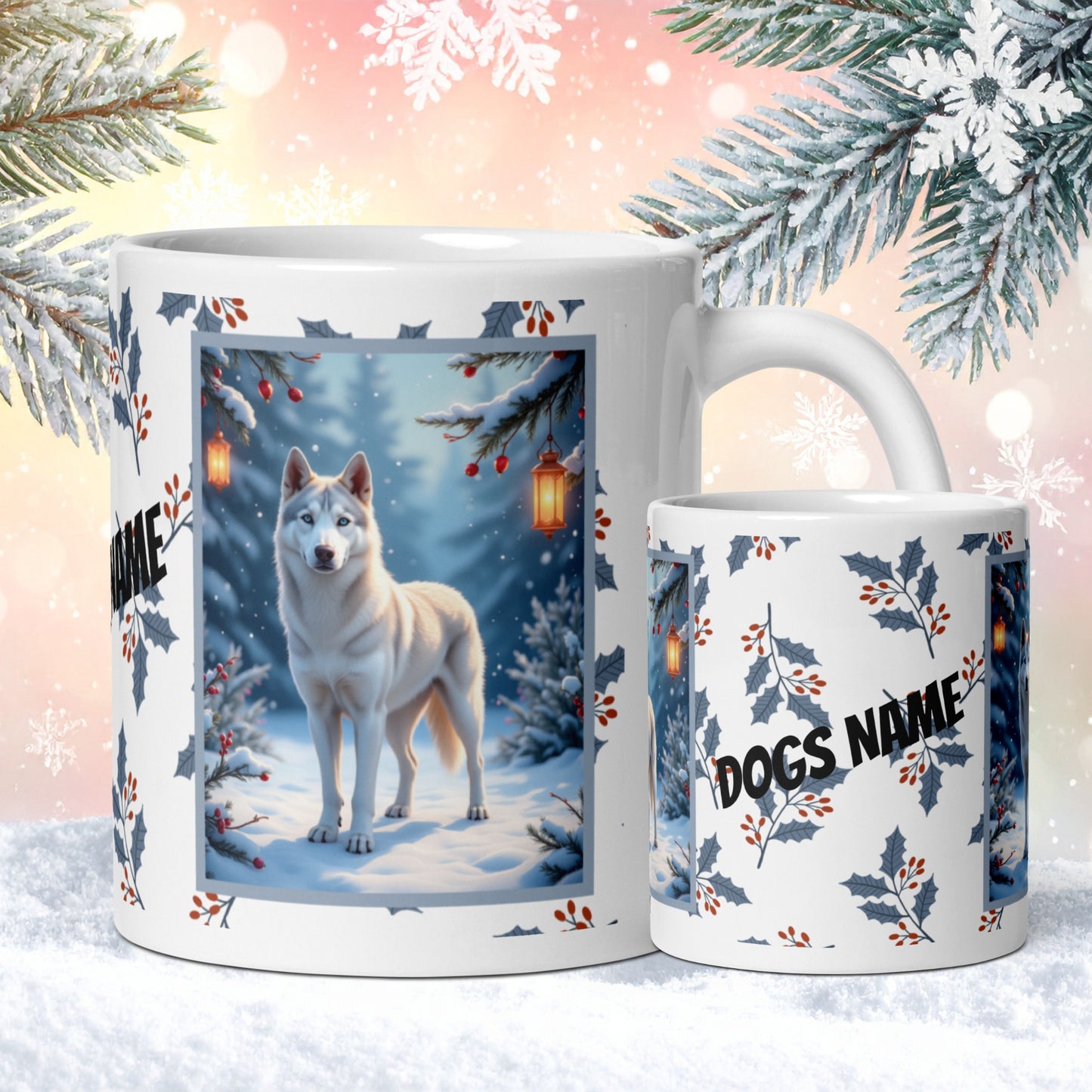 Husky (Silver) Winter Mug - silver husky artwork standing in a bright winter setting with soft snow details