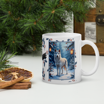 Husky (Silver) Winter Mug - silver husky artwork standing in a bright winter setting with soft snow details
