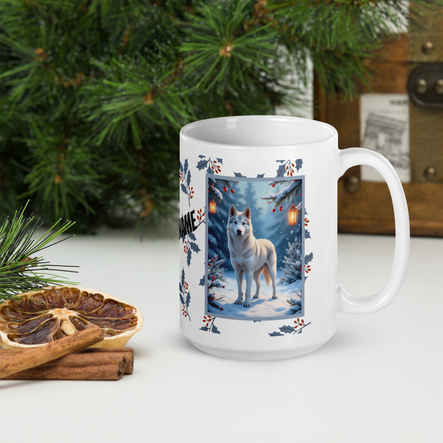 Husky (Silver) Winter Mug - silver husky artwork standing in a bright winter setting with soft snow details