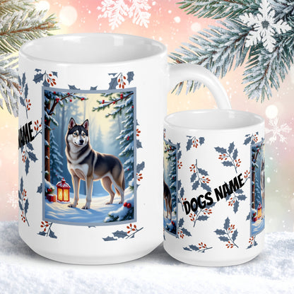 Husky (Wolf Grey) Winter Mug - wolf grey husky artwork standing in a winter setting with pine branches