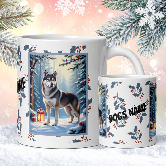 Husky (Wolf Grey) Winter Mug - wolf grey husky artwork standing in a winter setting with pine branches