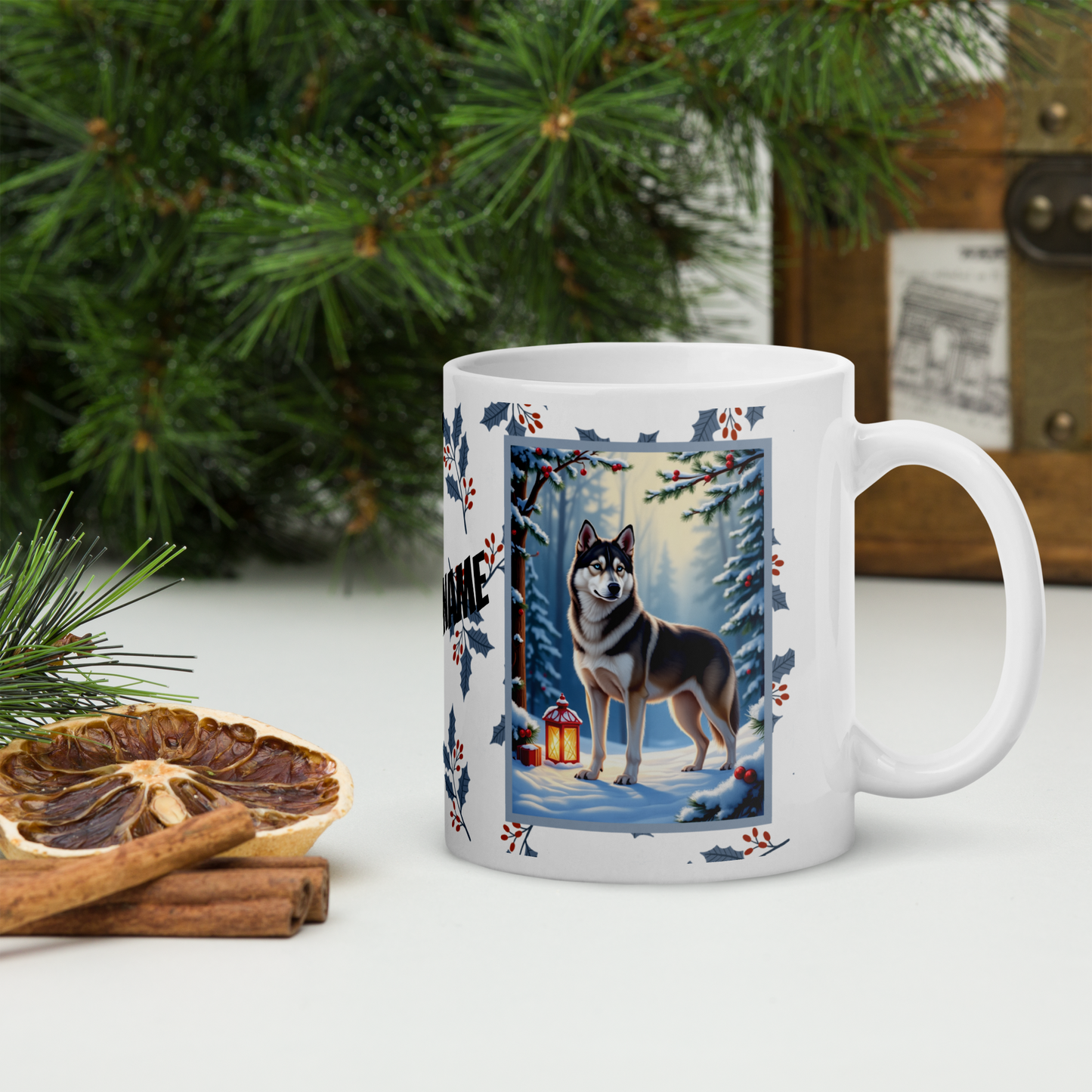 Husky (Wolf Grey) Winter Mug - wolf grey husky artwork standing in a winter setting with pine branches
