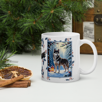 Husky (Wolf Grey) Winter Mug - wolf grey husky artwork standing in a winter setting with pine branches