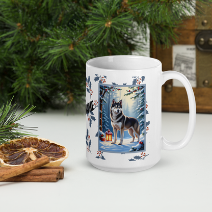 Husky (Wolf Grey) Winter Mug - wolf grey husky artwork standing in a winter setting with pine branches