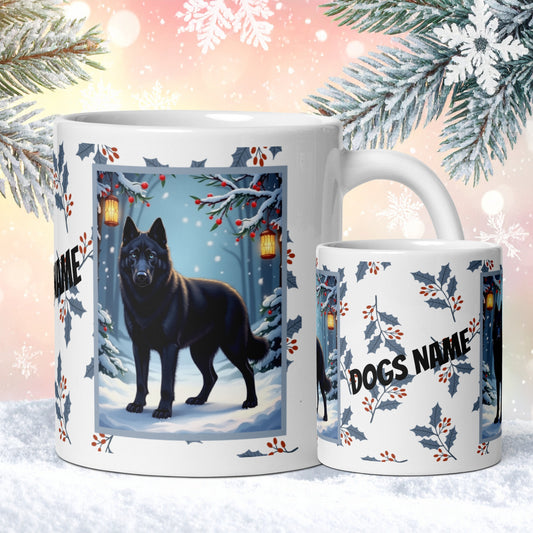 Husky (Black) Winter Mug - black husky illustrated standing calmly in a snowy winter scene with seasonal background