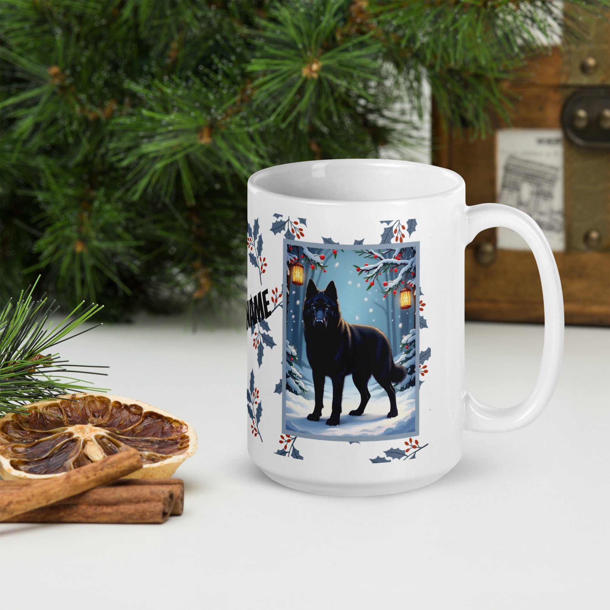 Husky (Black) Winter Mug - black husky illustrated standing calmly in a snowy winter scene with seasonal background