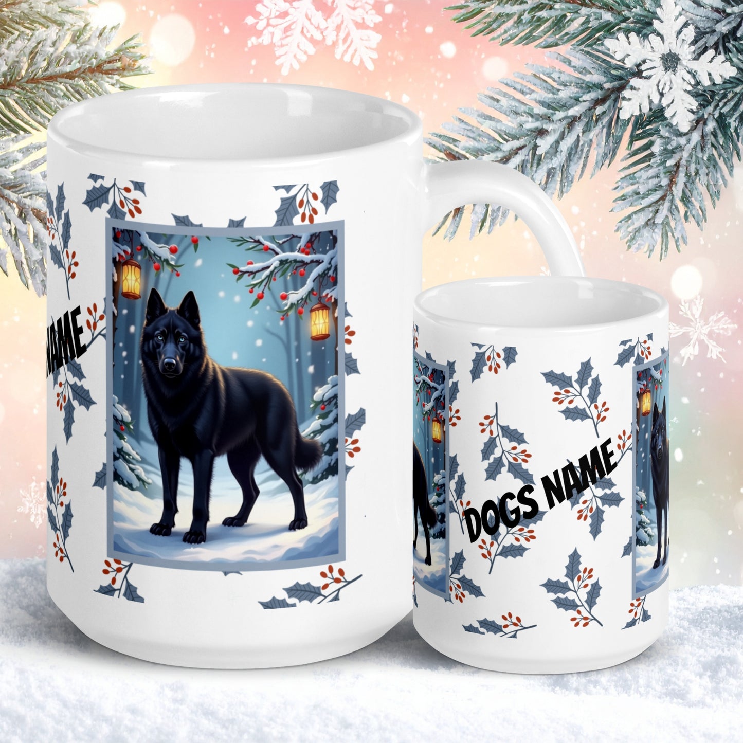 Husky (Black) Winter Mug - black husky illustrated standing calmly in a snowy winter scene with seasonal background