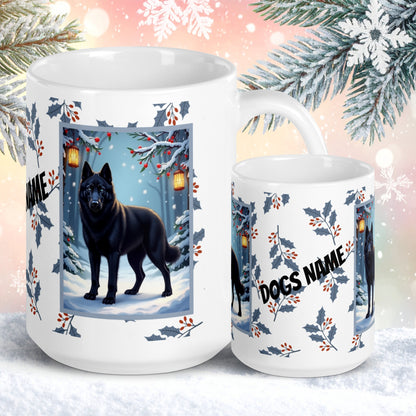 Husky (Black) Winter Mug - black husky illustrated standing calmly in a snowy winter scene with seasonal background