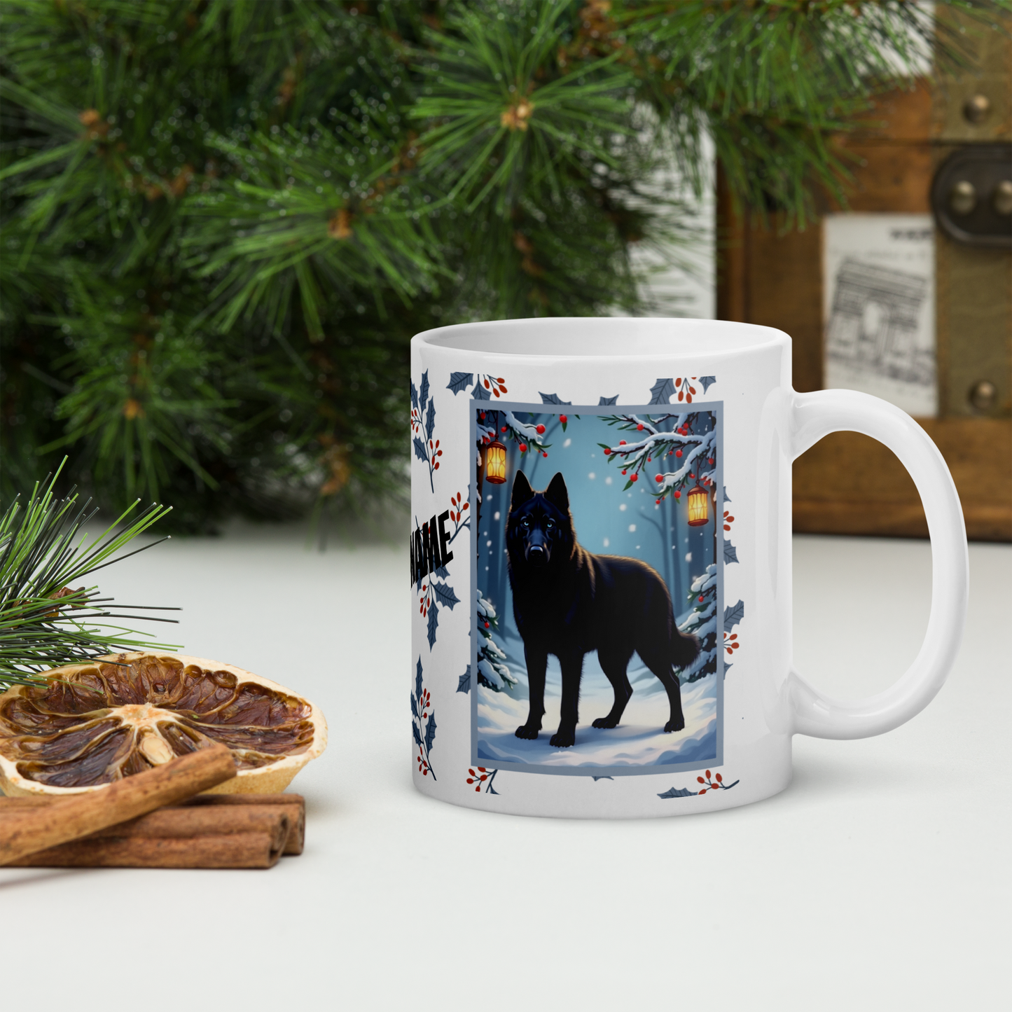 Husky (Black) Winter Mug - black husky illustrated standing calmly in a snowy winter scene with seasonal background