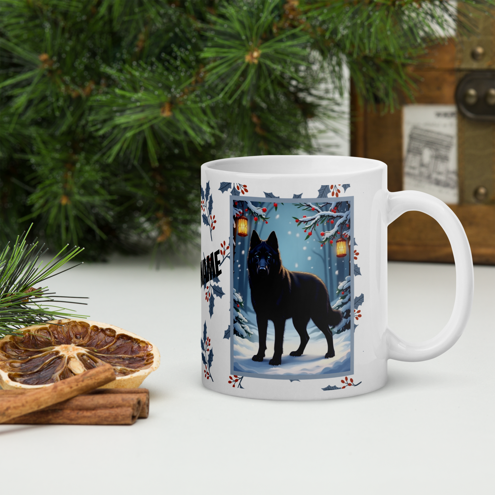 Husky (Black) Winter Mug - black husky illustrated standing calmly in a snowy winter scene with seasonal background