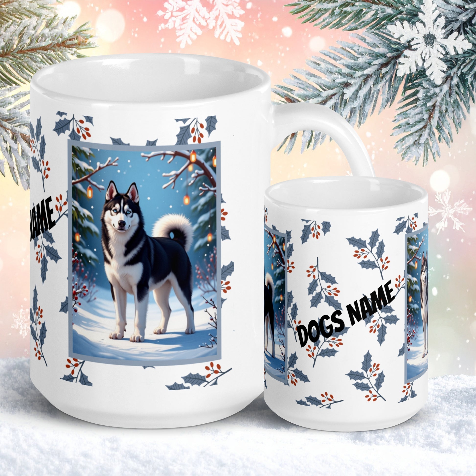 Husky (Black & White) Winter Mug - black and white husky artwork standing in a crisp winter setting with snowfall