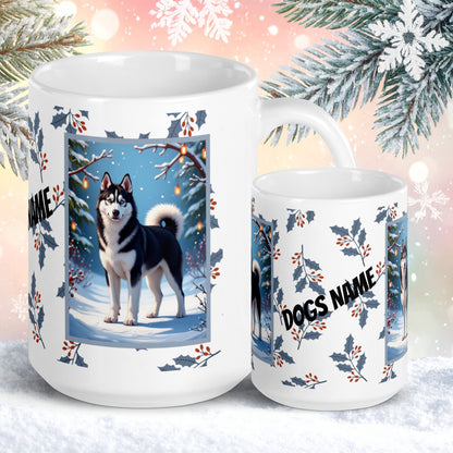 Husky (Black & White) Winter Mug - black and white husky artwork standing in a crisp winter setting with snowfall