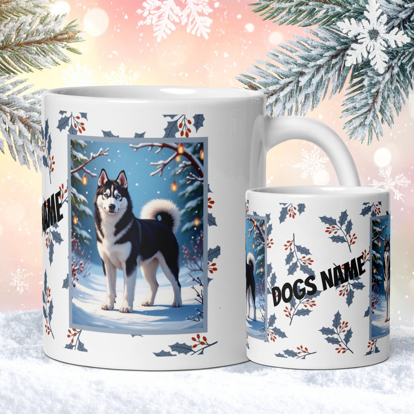 Husky (Black & White) Winter Mug - black and white husky artwork standing in a crisp winter setting with snowfall
