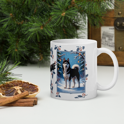 Husky (Black & White) Winter Mug - black and white husky artwork standing in a crisp winter setting with snowfall