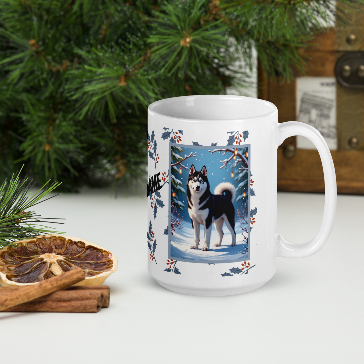 Husky (Black & White) Winter Mug - black and white husky artwork standing in a crisp winter setting with snowfall