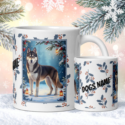 Husky (Agoutti & White) Winter Mug - agouti and white husky illustrated standing in a winter scene with snow and pine trees