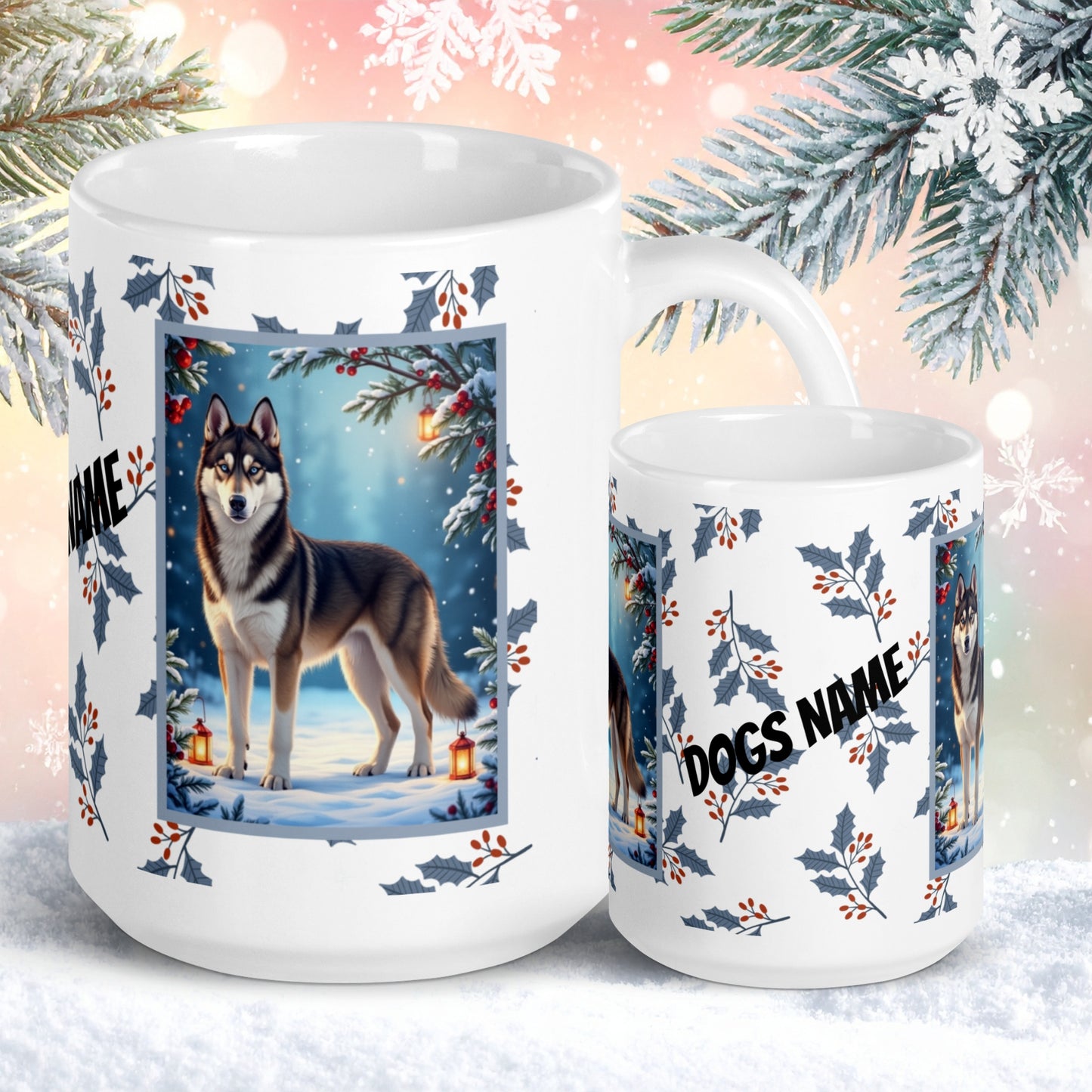 Husky (Agoutti & White) Winter Mug - agouti and white husky illustrated standing in a winter scene with snow and pine trees