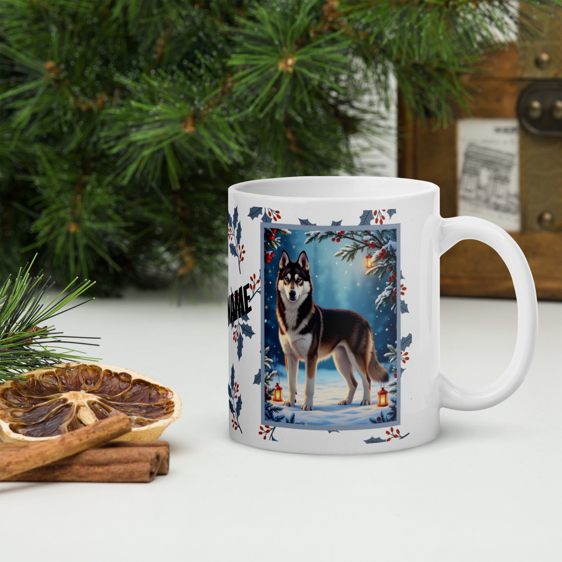 Husky (Agoutti & White) Winter Mug - agouti and white husky illustrated standing in a winter scene with snow and pine trees