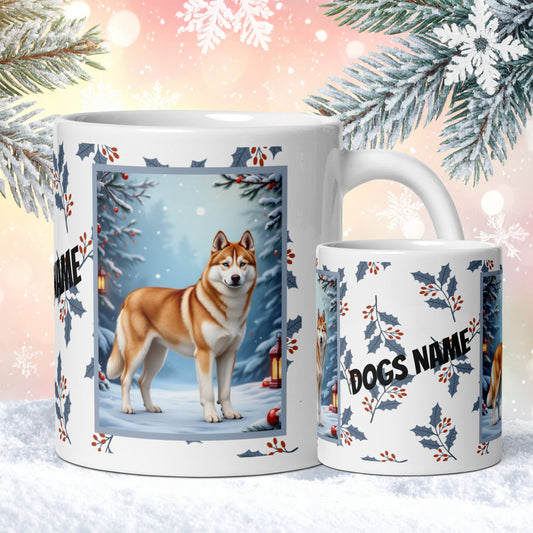Husky (Sable & White) Winter Mug - sable and white husky illustrated standing in a winter scene with frosted trees