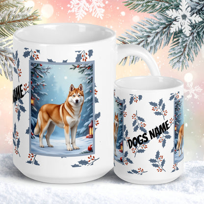 Husky (Sable & White) Winter Mug - sable and white husky illustrated standing in a winter scene with frosted trees