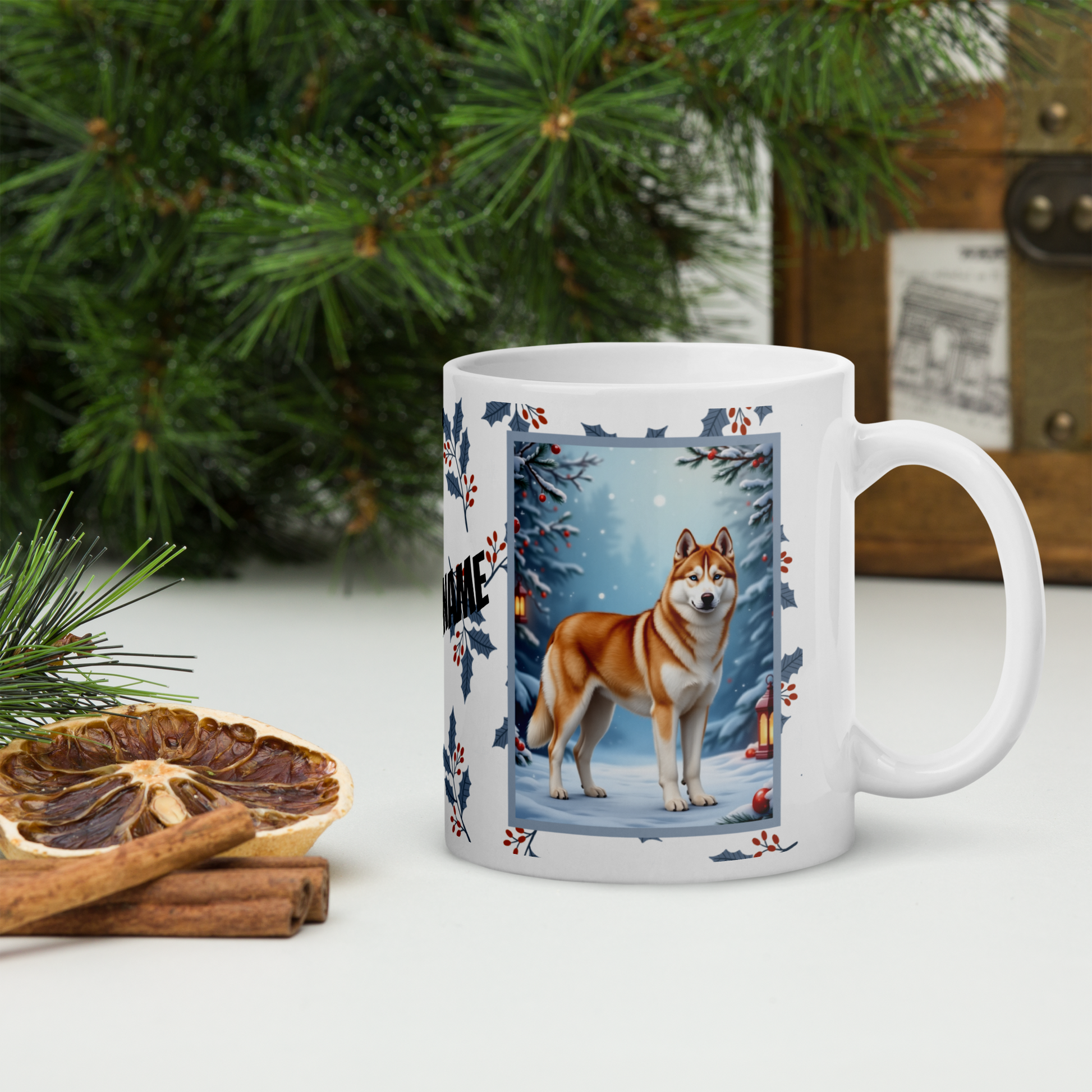 Husky (Sable & White) Winter Mug - sable and white husky illustrated standing in a winter scene with frosted trees