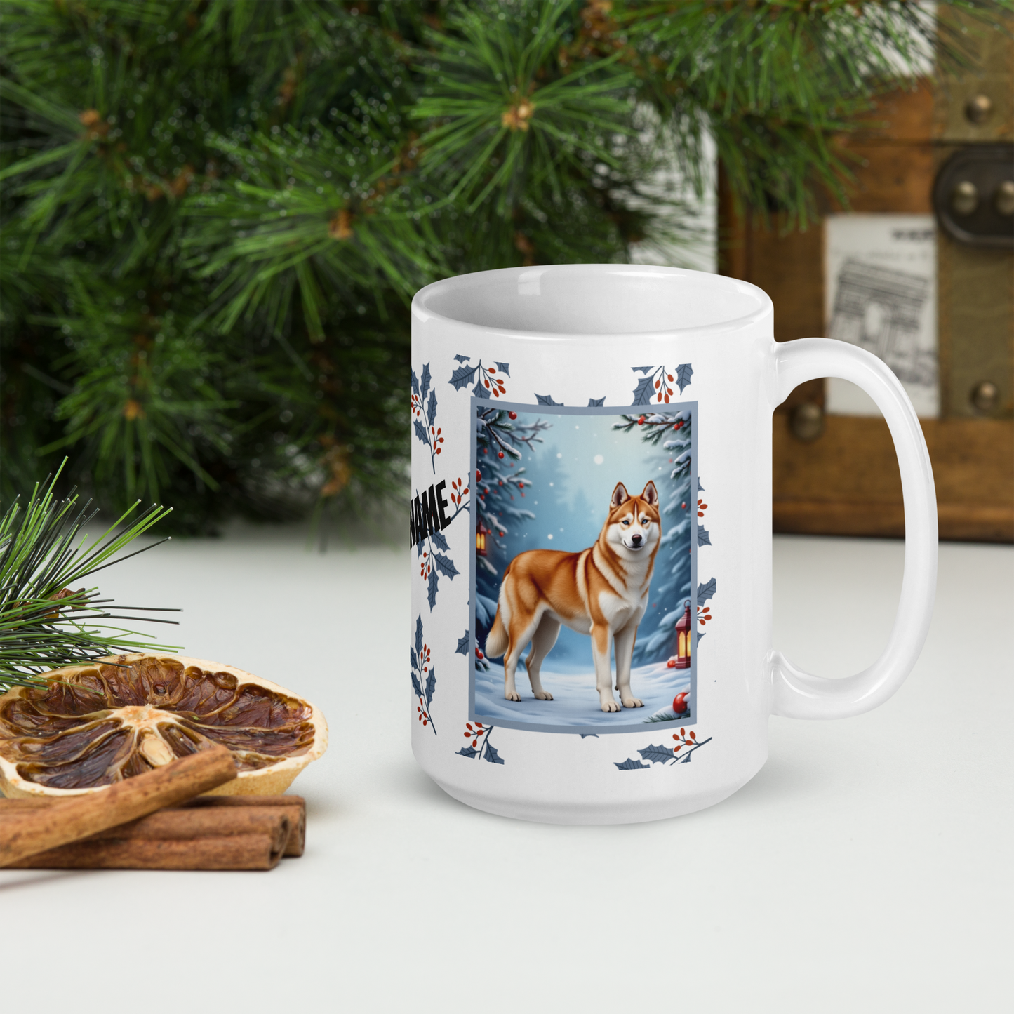Husky (Sable & White) Winter Mug - sable and white husky illustrated standing in a winter scene with frosted trees