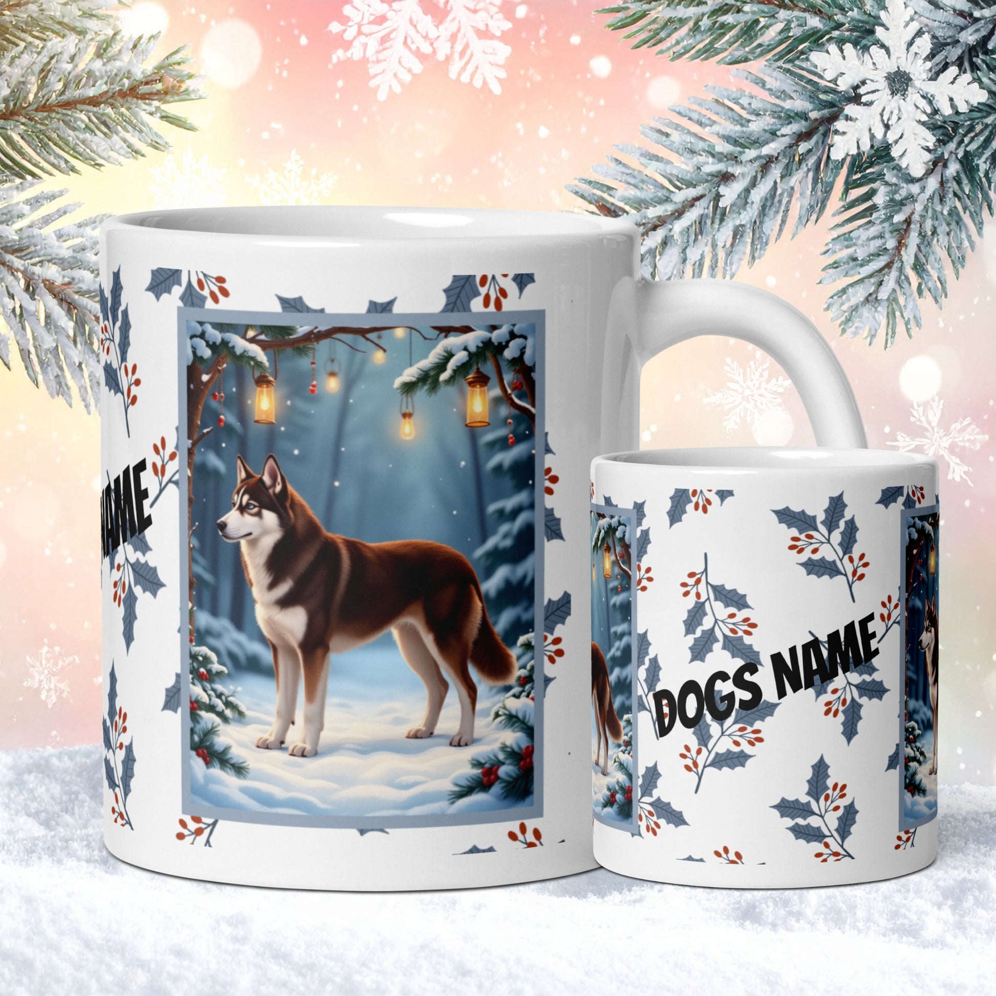Husky (Chocolate Red) Winter Mug - chocolate red husky artwork standing in a festive winter setting with snow