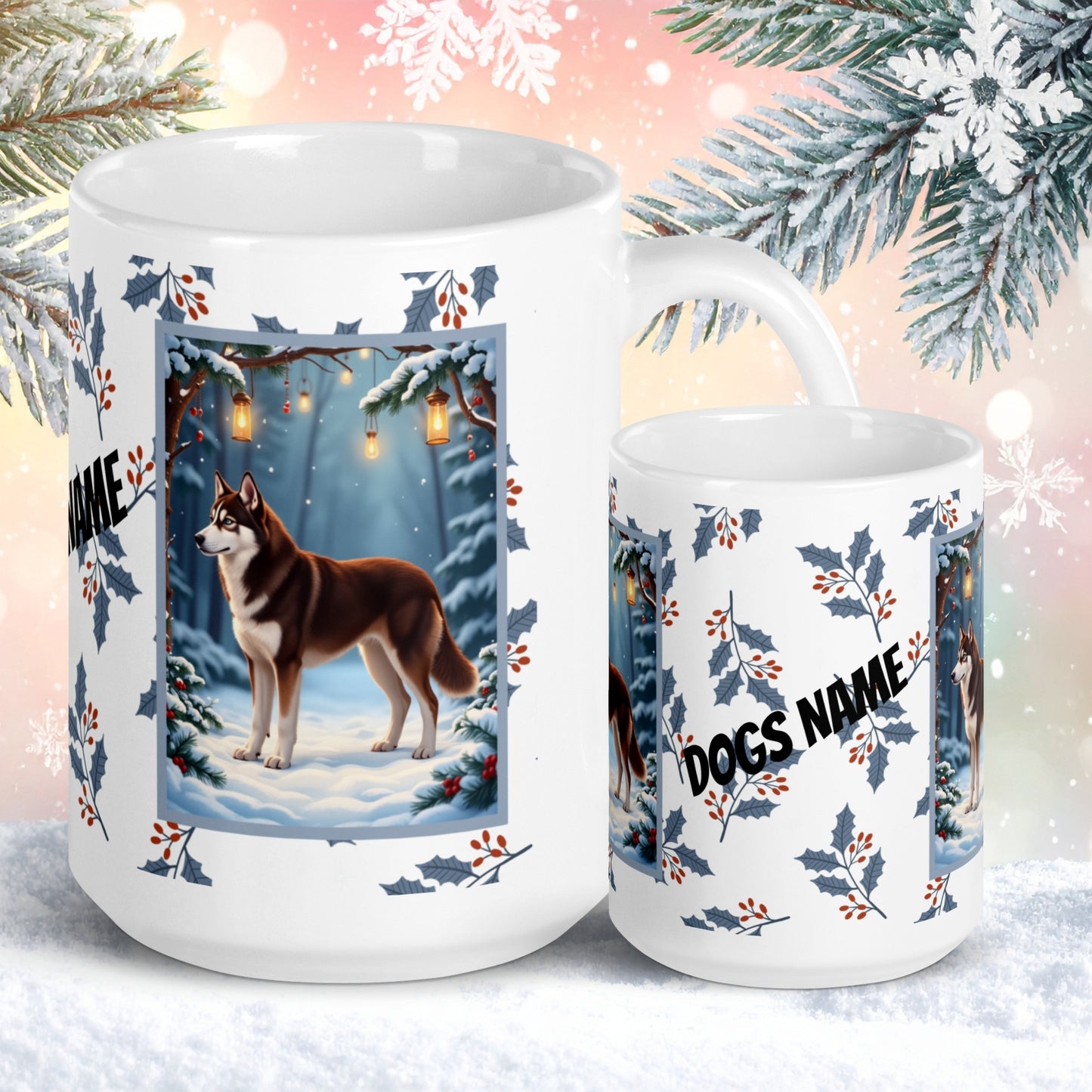Husky (Chocolate Red) Winter Mug - chocolate red husky artwork standing in a festive winter setting with snow