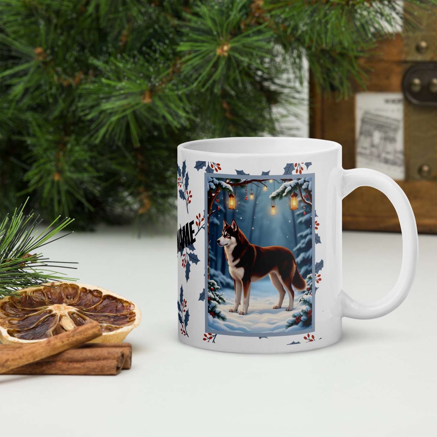 Husky (Chocolate Red) Winter Mug - chocolate red husky artwork standing in a festive winter setting with snow