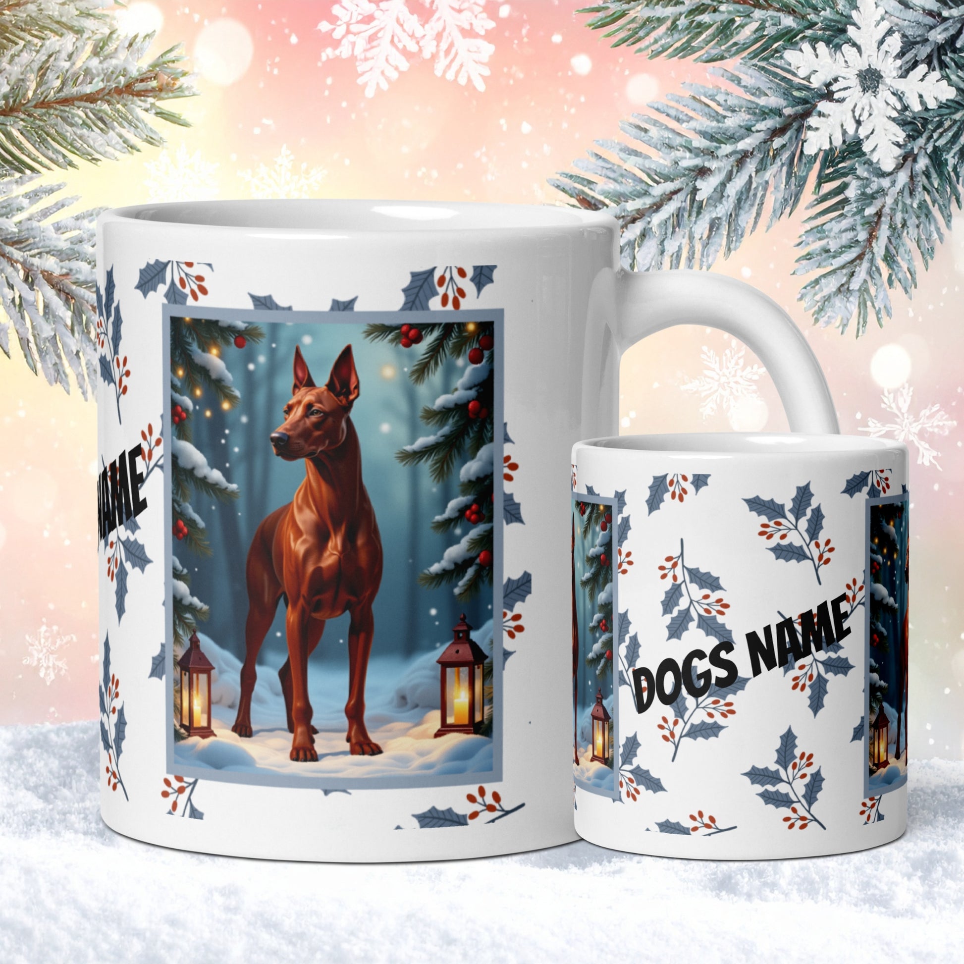 Doberman (Red) Winter Mug - red Doberman illustrated standing calmly in a serene winter scene with snowy background