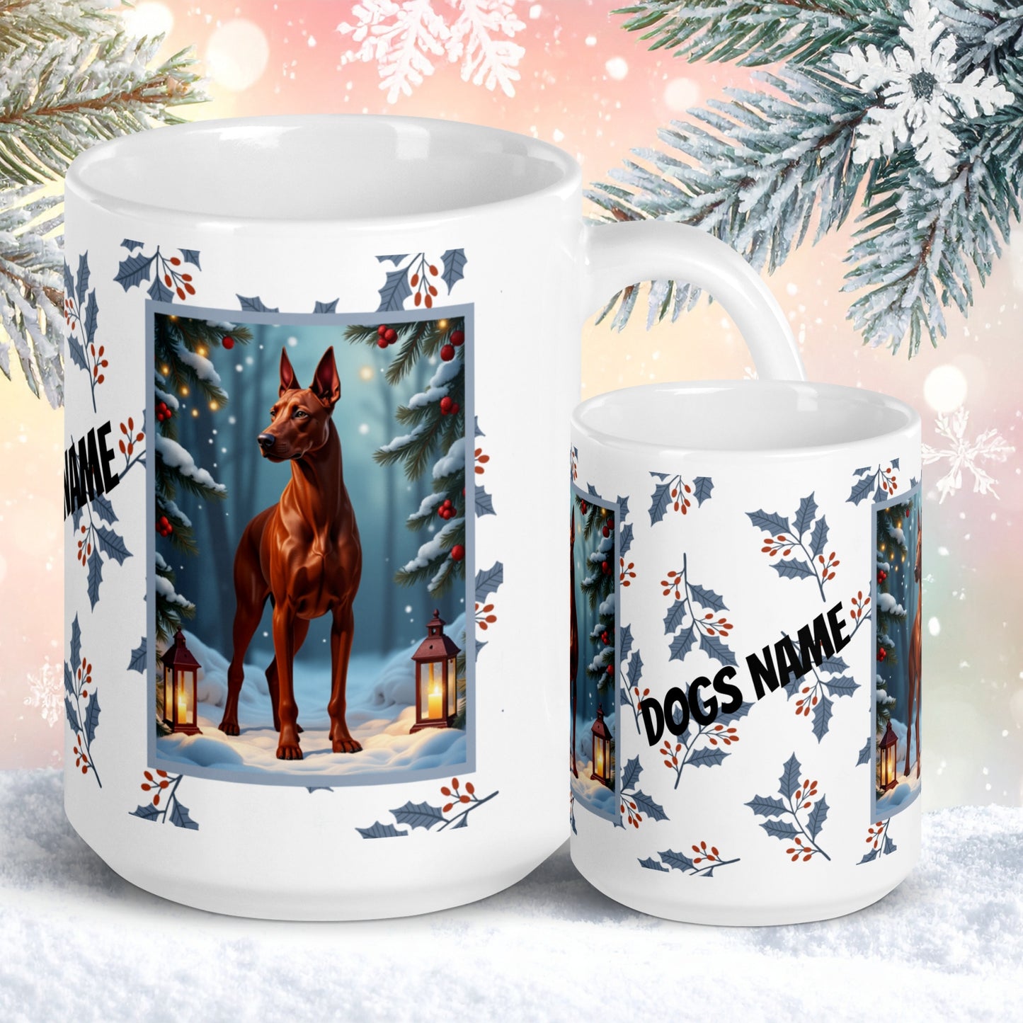 Doberman (Red) Winter Mug - red Doberman illustrated standing calmly in a serene winter scene with snowy background