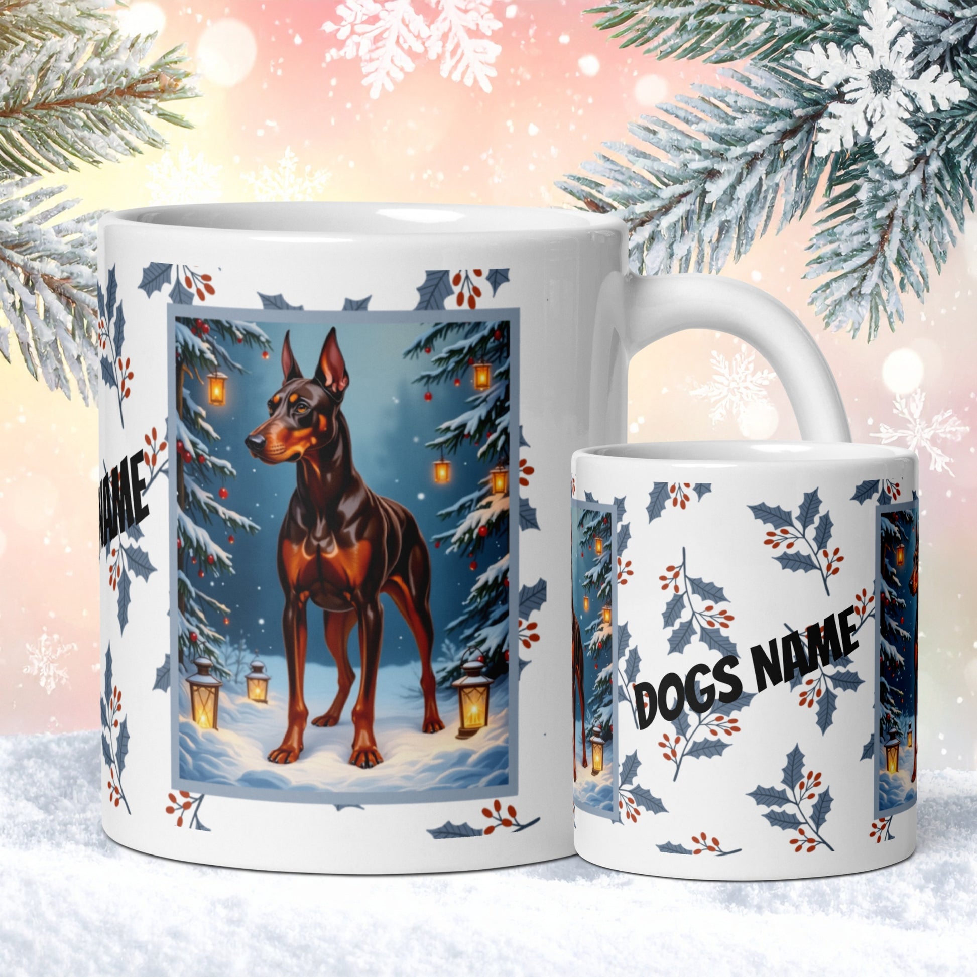 Doberman (Red & Rust) Winter Mug - red and rust Doberman artwork standing in a festive winter setting with soft snow details