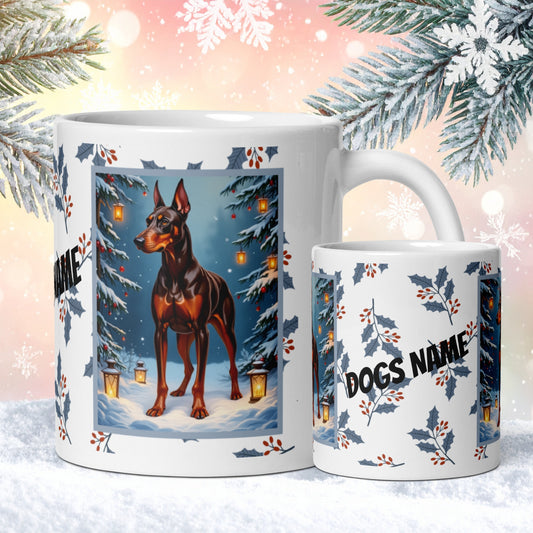 Doberman (Red & Rust) Winter Mug - red and rust Doberman artwork standing in a festive winter setting with soft snow details