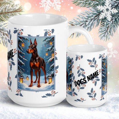 Doberman (Red & Rust) Winter Mug - red and rust Doberman artwork standing in a festive winter setting with soft snow details