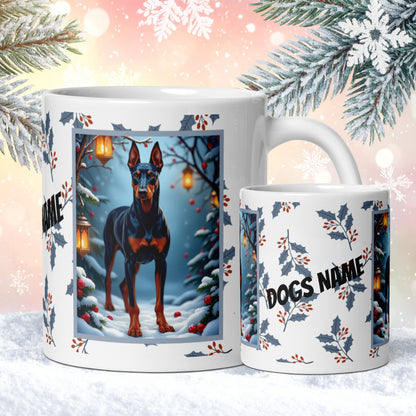 Doberman (Blue & Rust) Winter Mug - blue and rust Doberman artwork standing in a cozy winter setting with snow-covered trees