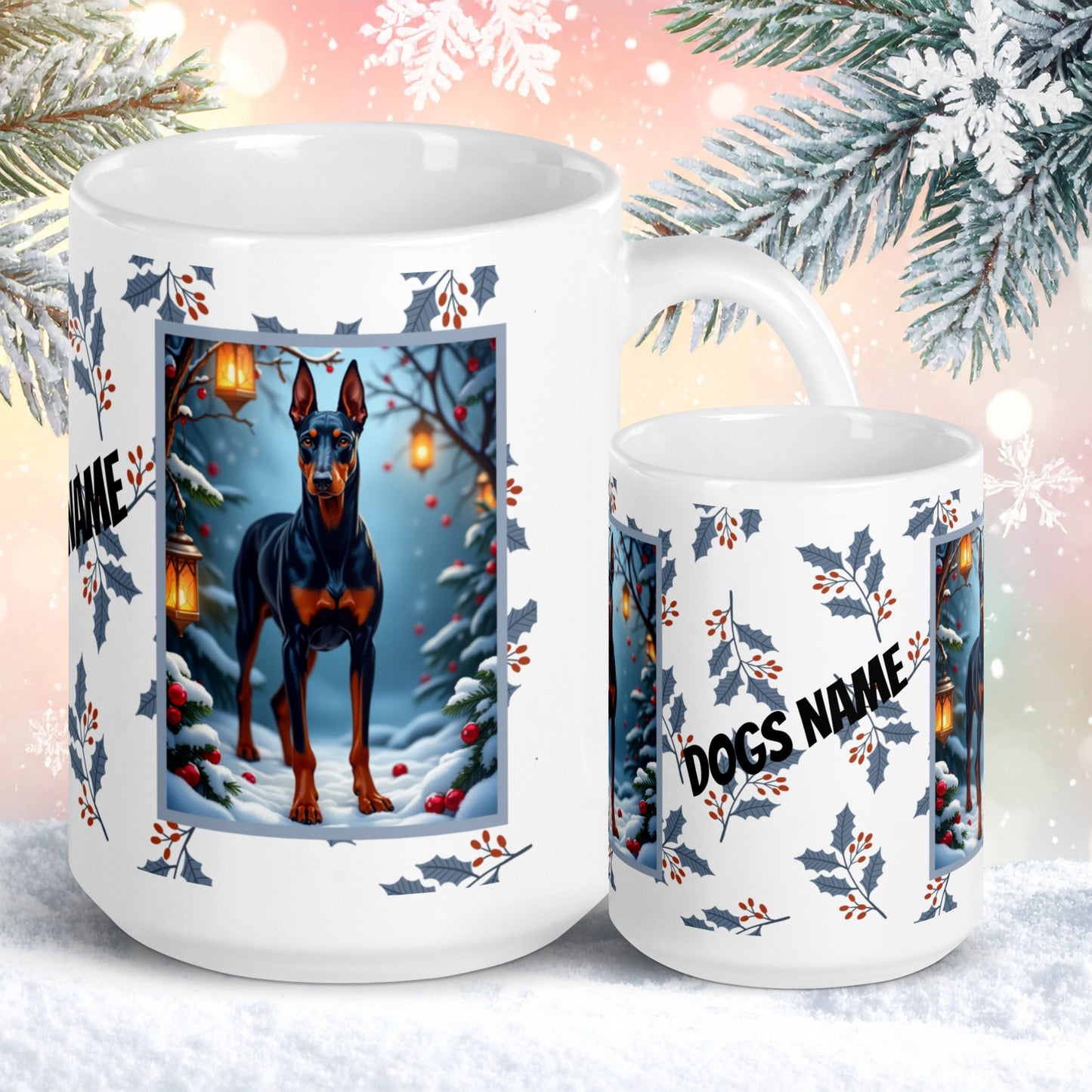 Doberman (Blue & Rust) Winter Mug - blue and rust Doberman artwork standing in a cozy winter setting with snow-covered trees