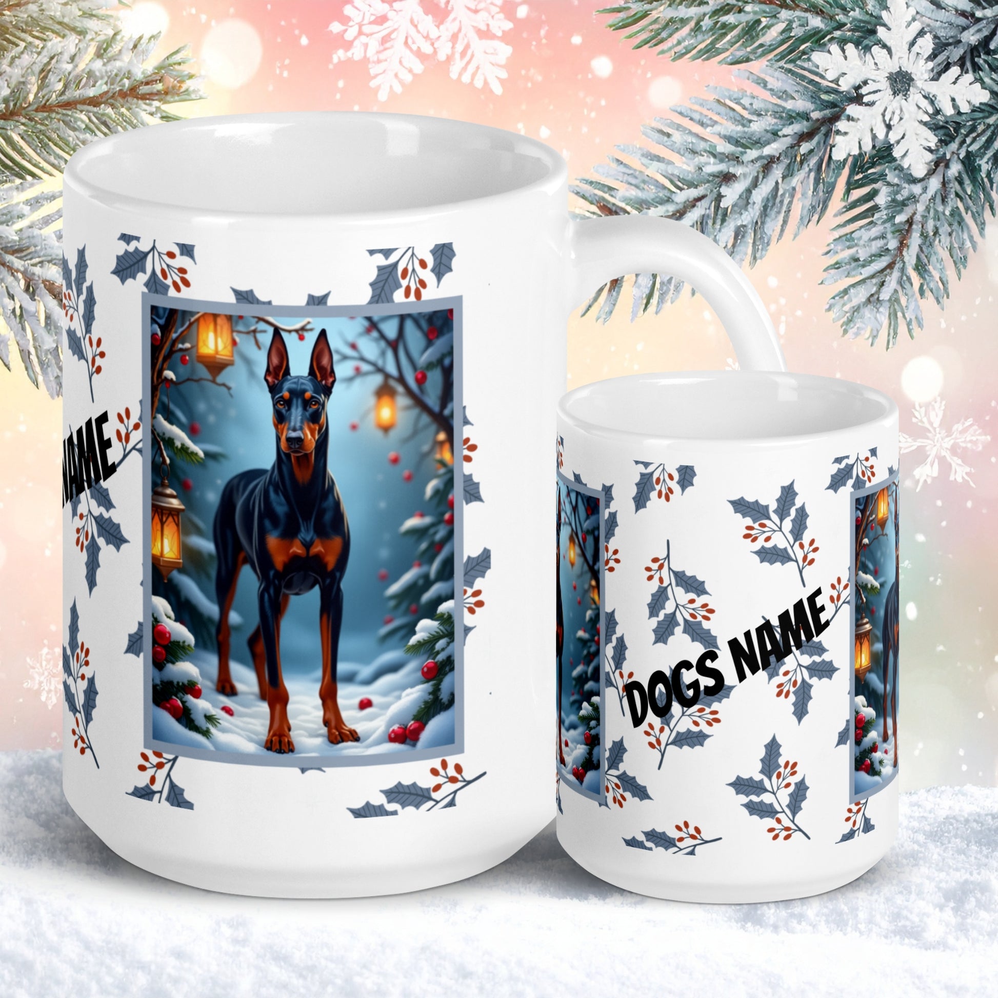 Doberman (Blue & Rust) Winter Mug - blue and rust Doberman artwork standing in a cozy winter setting with snow-covered trees