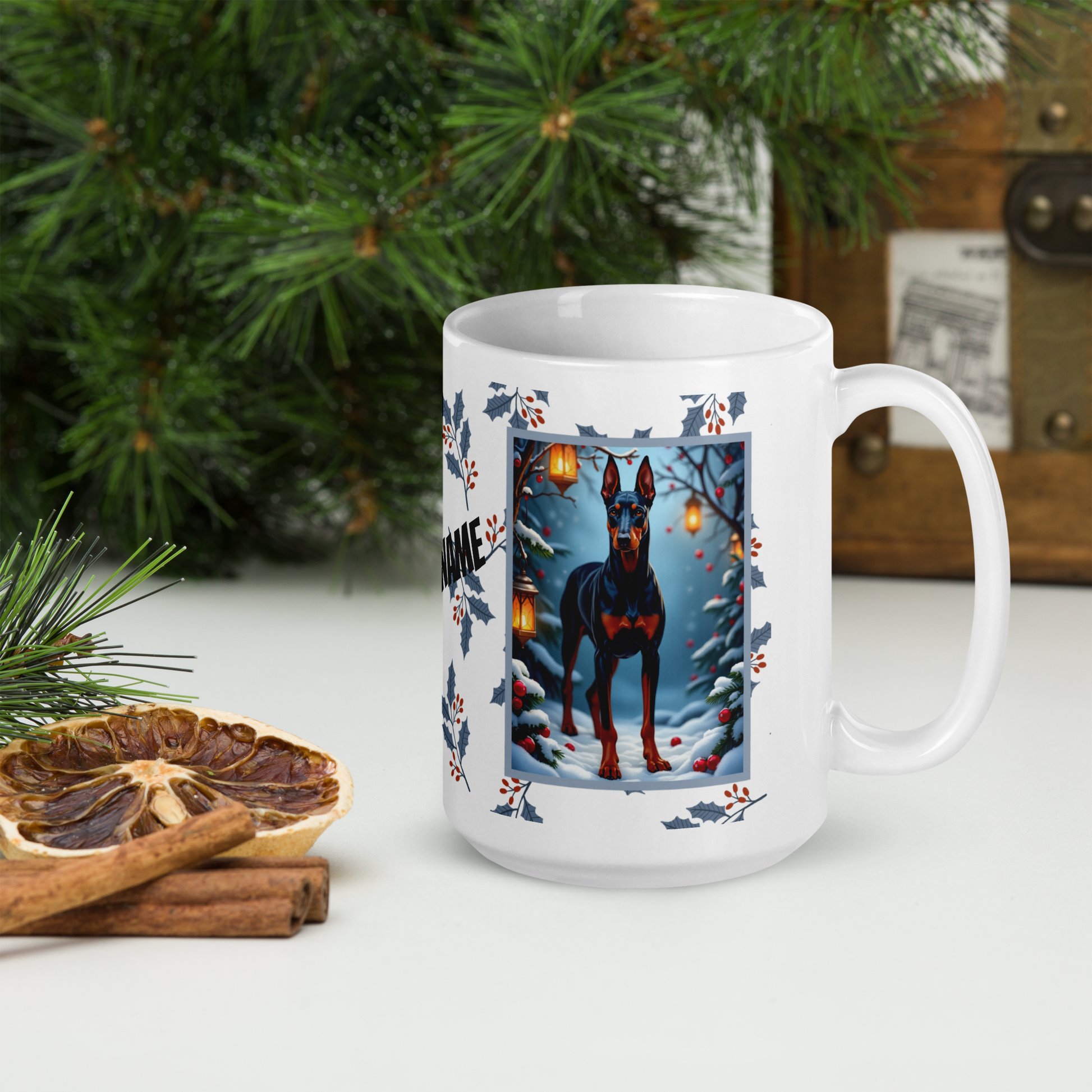 Doberman (Blue & Rust) Winter Mug - blue and rust Doberman artwork standing in a cozy winter setting with snow-covered trees