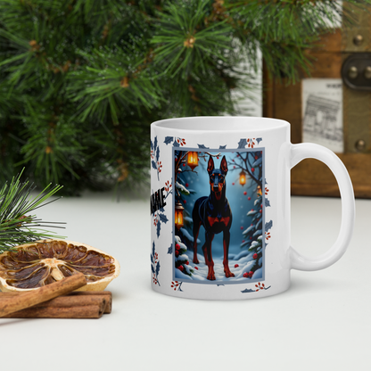 Doberman (Blue & Rust) Winter Mug - blue and rust Doberman artwork standing in a cozy winter setting with snow-covered trees