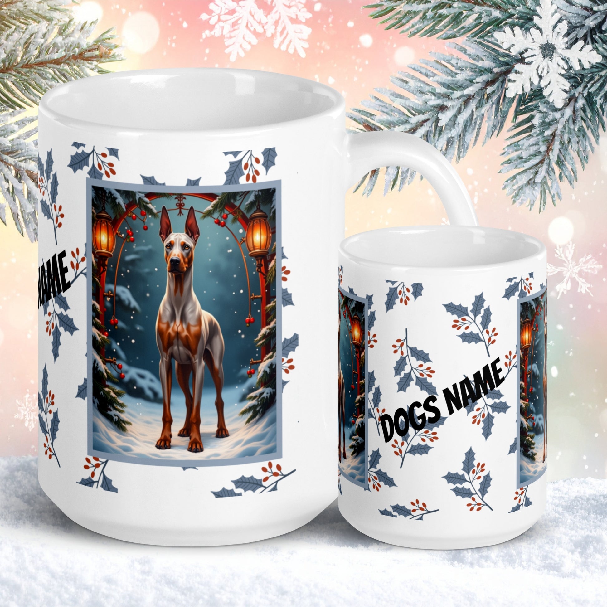 Doberman (Fawn & Rust) Winter Mug - fawn and rust Doberman illustrated in a bright winter scene with frosted pine branches