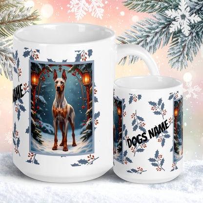 Doberman (Fawn & Rust) Winter Mug - fawn and rust Doberman illustrated in a bright winter scene with frosted pine branches