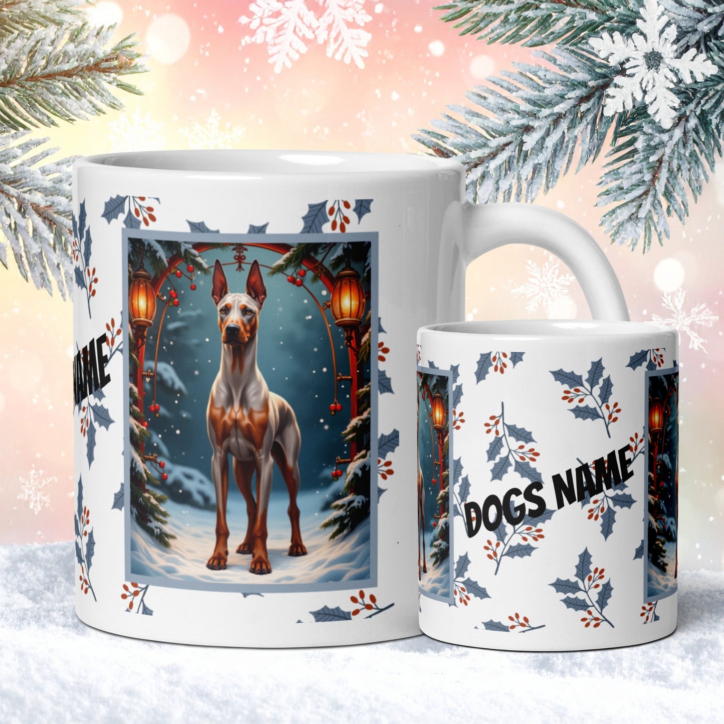 Doberman (Fawn & Rust) Winter Mug - fawn and rust Doberman illustrated in a bright winter scene with frosted pine branches