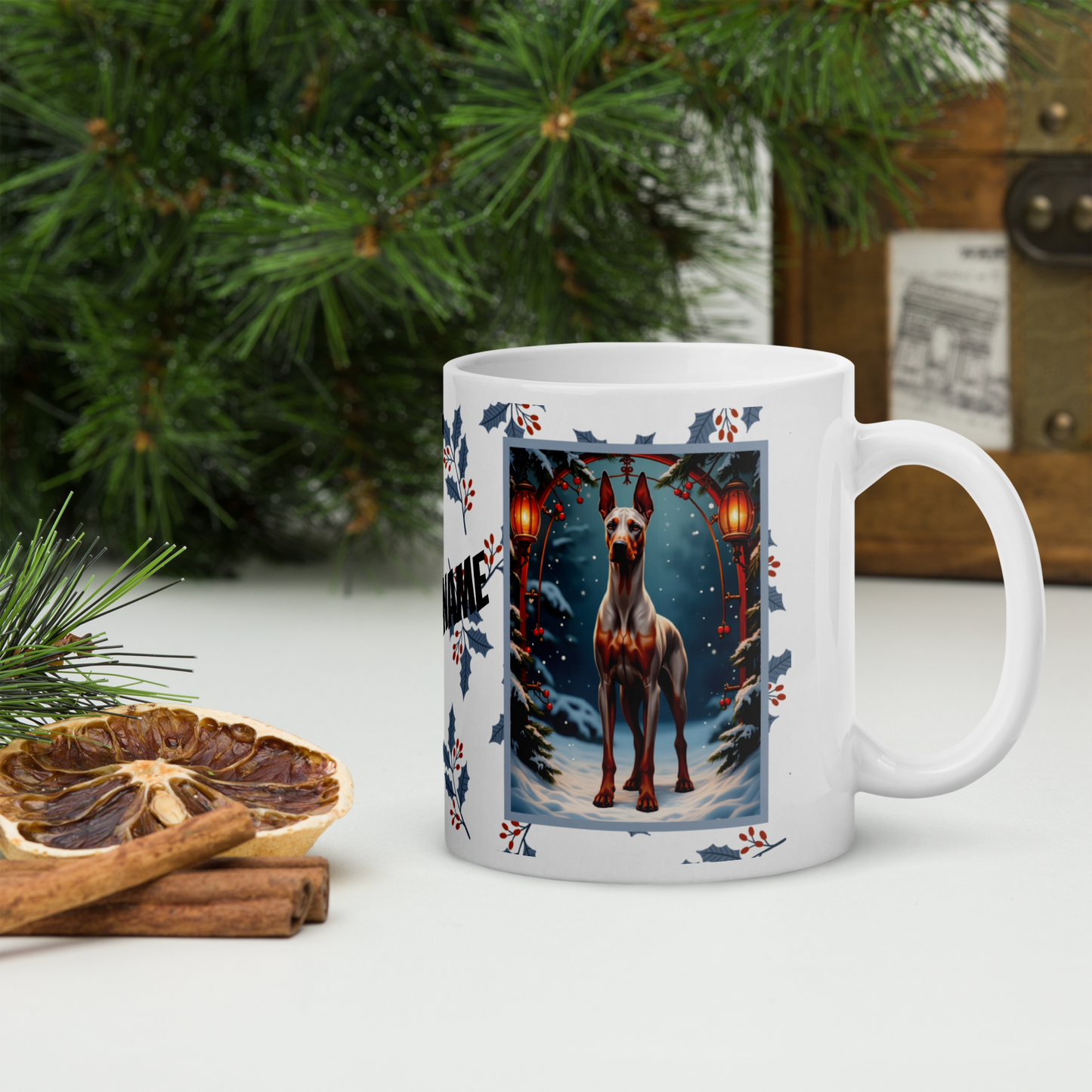Doberman (Fawn & Rust) Winter Mug - fawn and rust Doberman illustrated in a bright winter scene with frosted pine branches