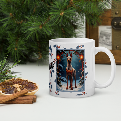 Doberman (Fawn & Rust) Winter Mug - fawn and rust Doberman illustrated in a bright winter scene with frosted pine branches