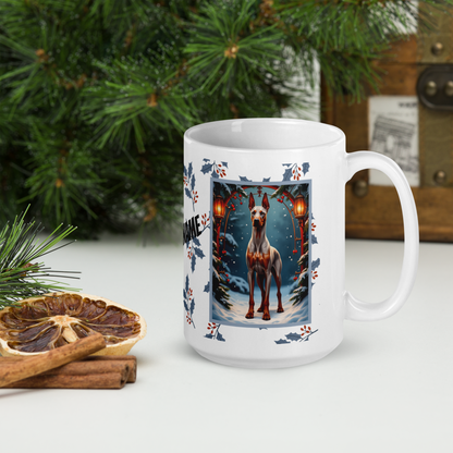 Doberman (Fawn & Rust) Winter Mug - fawn and rust Doberman illustrated in a bright winter scene with frosted pine branches