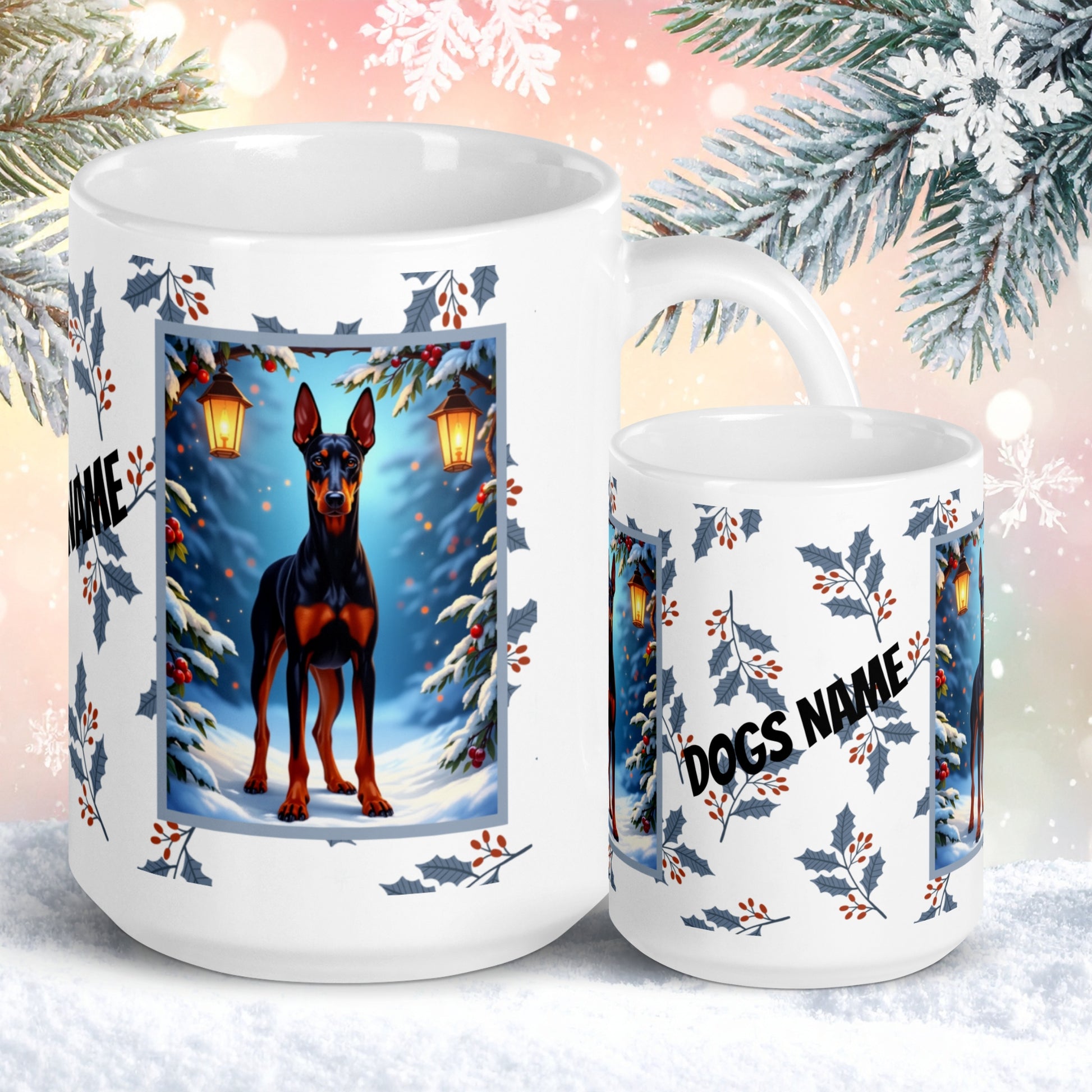 Doberman (Black & Rust) Winter Mug - black and rust Doberman illustrated standing proudly in a snowy winter scene with pine branches