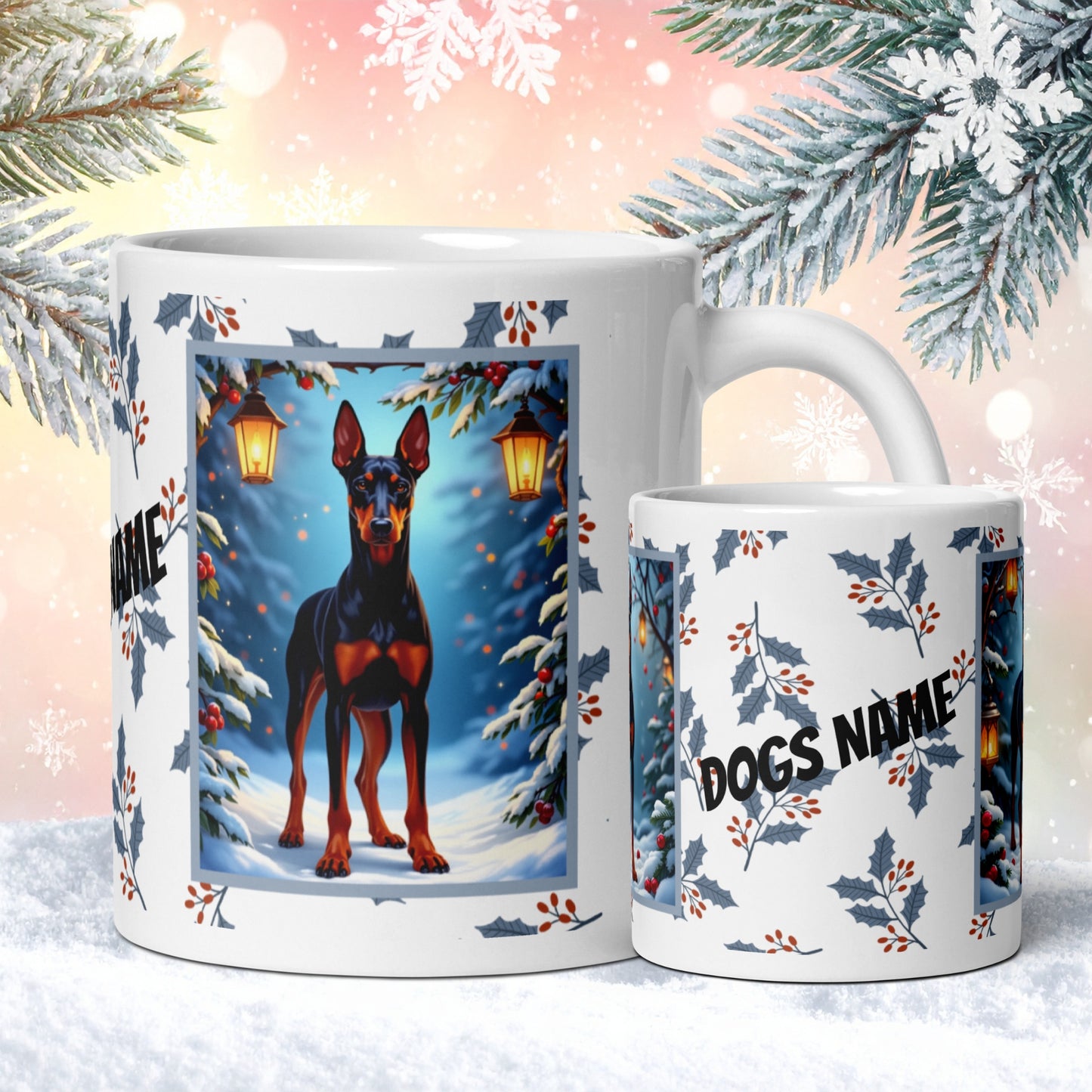 Doberman (Black & Rust) Winter Mug - black and rust Doberman illustrated standing proudly in a snowy winter scene with pine branches