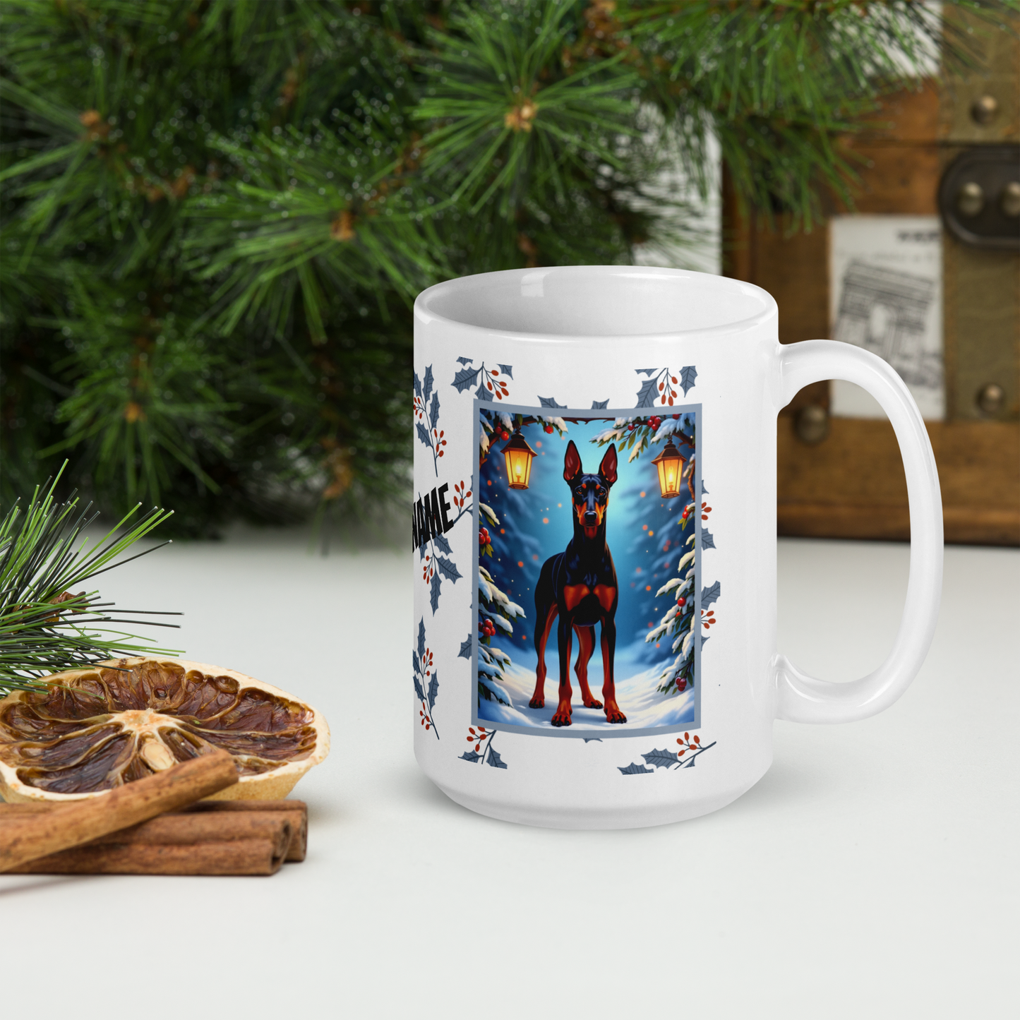Doberman (Black & Rust) Winter Mug - black and rust Doberman illustrated standing proudly in a snowy winter scene with pine branches